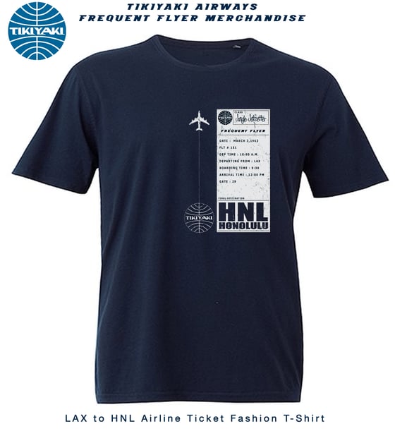 Image of "Tikiyaki Airways" LAX to HNL Vintage Plane Ticket Navy T-Shirt