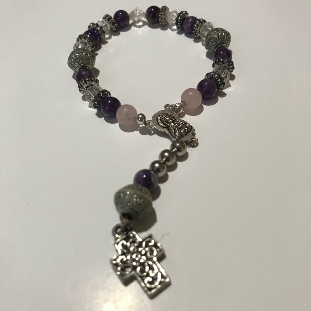 Image of Amethyst Rose Quartz Rosary Style Bracelet