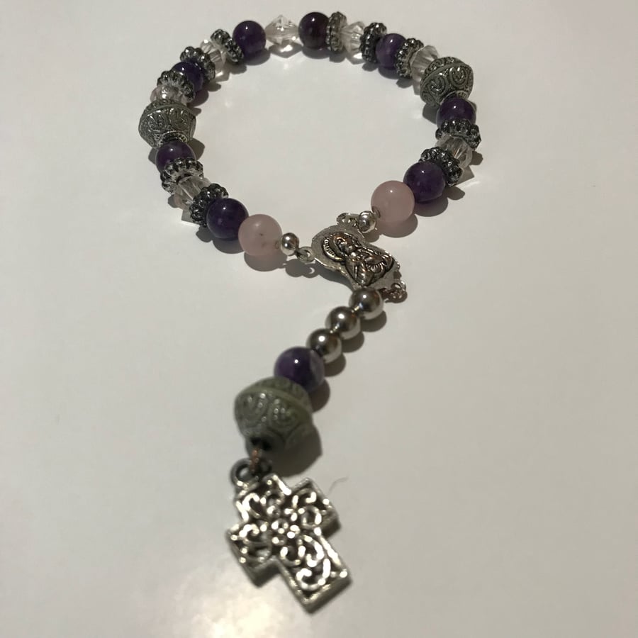 Image of Amethyst Rose Quartz Rosary Style Bracelet