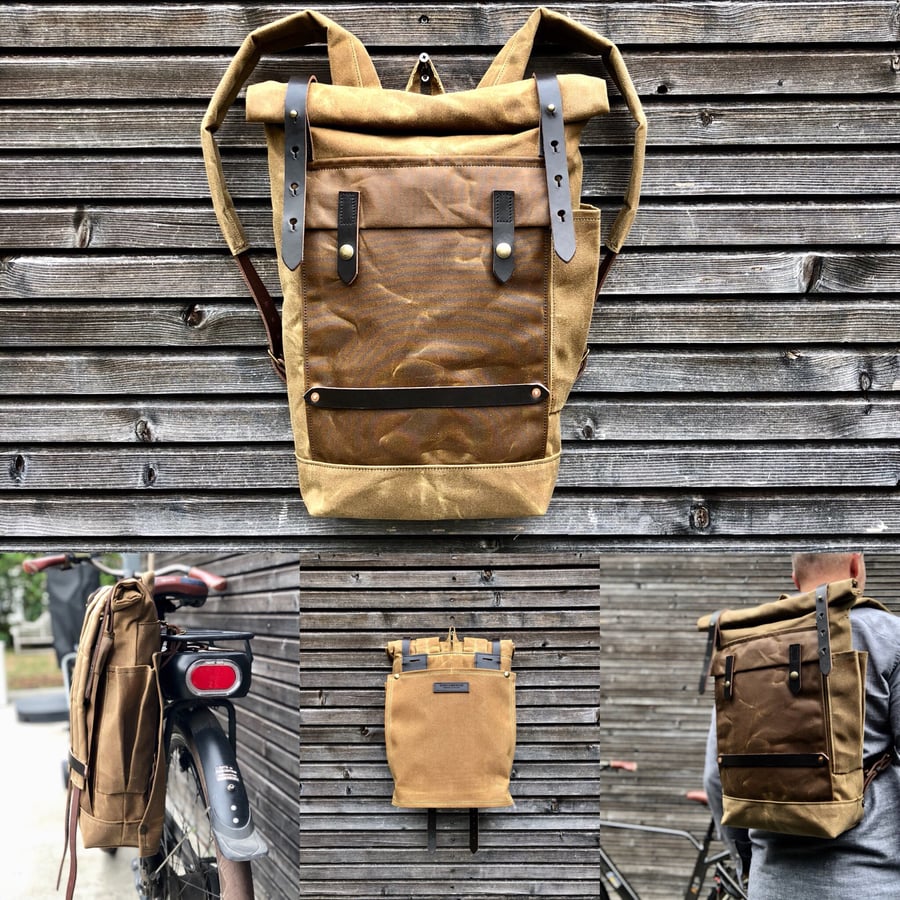 Image of Convertible backpack into bike pannier in waxed canvas / bike accessories