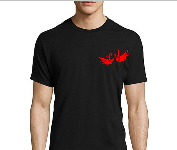 Image of CV ALL BLACK CREW T-SHIRT WITH SMALL LOGO ( Red LOGO)