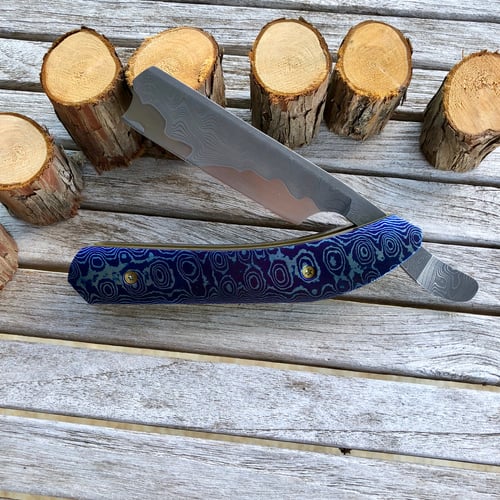 Image of (Pre-Owned) CMF Metalworks Straight Razor with Mokuti Handles and Armor Core Damascus Blade