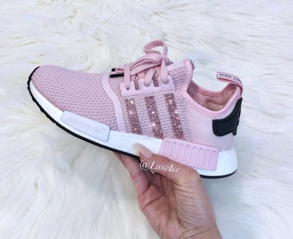 Image of Adidas NMD R1 Clear Pink/White/ Core Black customized with SWAROVSKI® Xirius Rose-Cut Crystals.