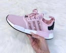 Image of Adidas NMD R1 Clear Pink/White/ Core Black customized with SWAROVSKI® Xirius Rose-Cut Crystals.