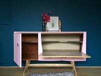 Image 2 of A mid century modern drinks sideboard in pink & gold