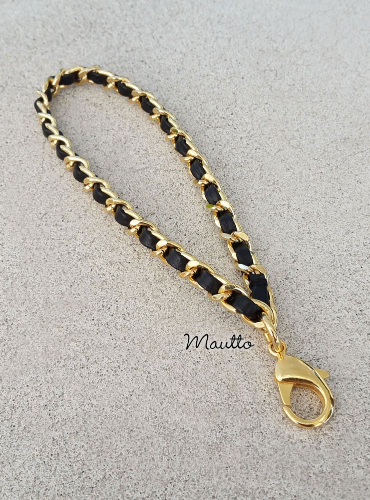 Image of Chain + Black Leather Weave Wrist/Accessory Strap - Gold, Nickel, Gunmetal - Mini Lobster Claw Clasp