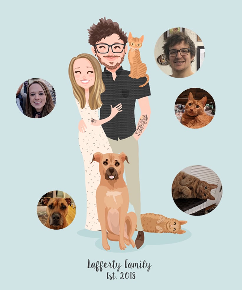 Couple Two Dogs And A Cat Custom Portrait Doodleism