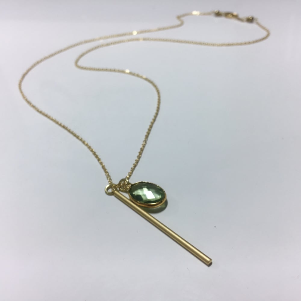 Image of Long Gold bar pendant and peridot druzzy