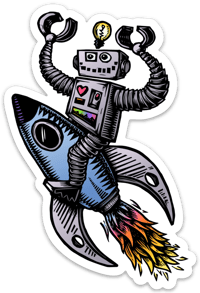 Robot on a Rocket Ship Sticker