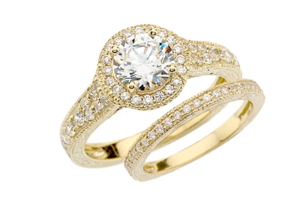 Image of Yello Gold ARt Deco Diamond Wedding Ring Set With 1 Ct White Topaz Center Stone