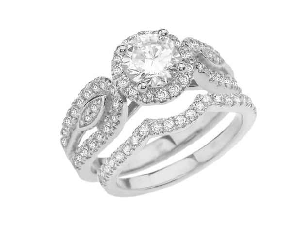 Image of White Gold Elegant Diamond Engagement/Wedding Ring Set With Cubic Zirconia Center Stone