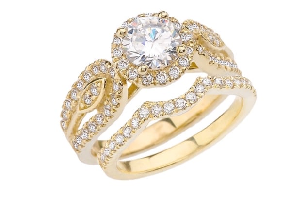 Image of Yellow Gold Elegant Diamond Engagement/Wedding Ring Set With Cubic Zirconia Center Stone