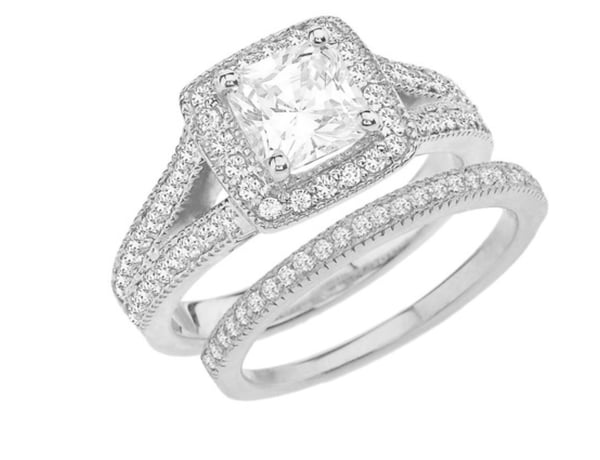 Image of White Gold Diamond Engagement/Anniversary Ring Set With Cubic Zirconia Center Stone