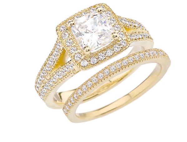 Image of Yellow Gold Diamond Engagement/Anniversary Ring Set With Cubic Zirconia Center Stone