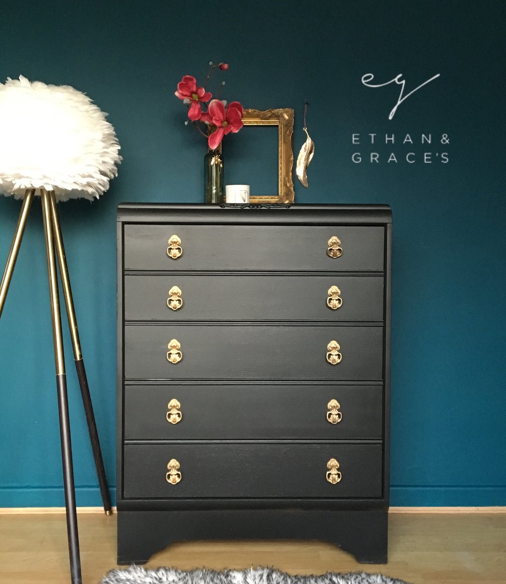 Image of Vintage black & gold wooden chest of drawers