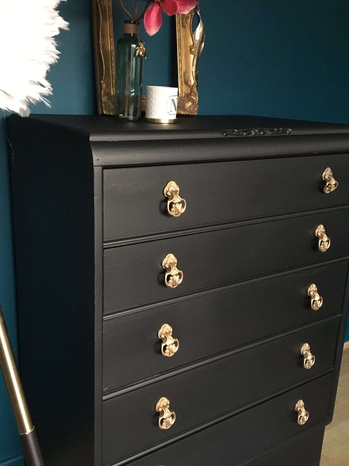 Image of Vintage black & gold wooden chest of drawers