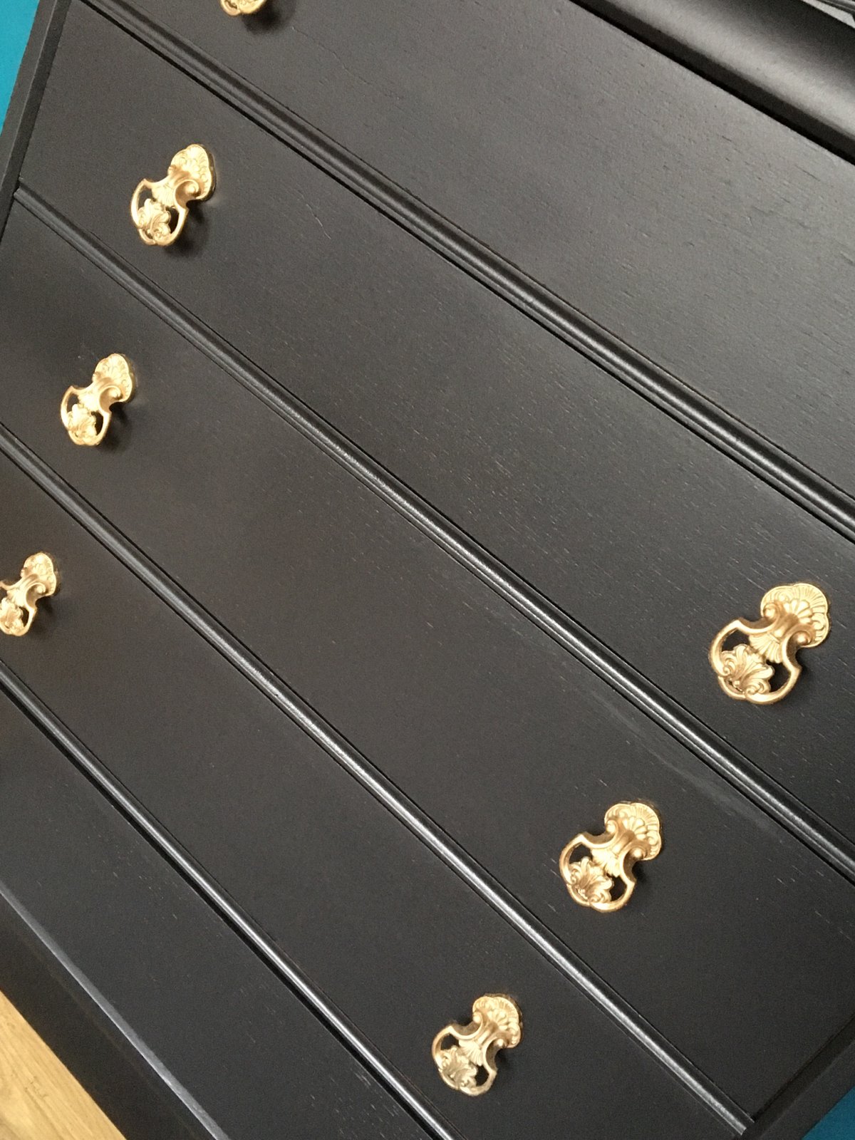 Image of Vintage black & gold wooden chest of drawers