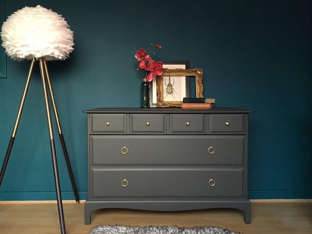 Image of Dark grey solid mahogany stag Chest Of Drawers