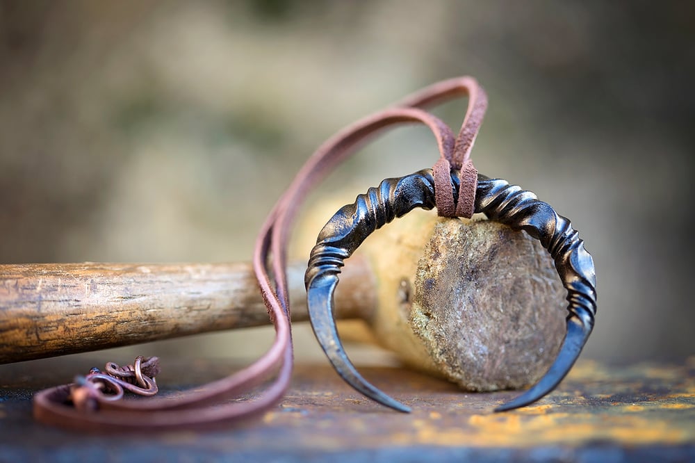 Image of Viking Lunar Crescent Necklace | Reverse Twist Mild Steel + leather throng with copper clasp