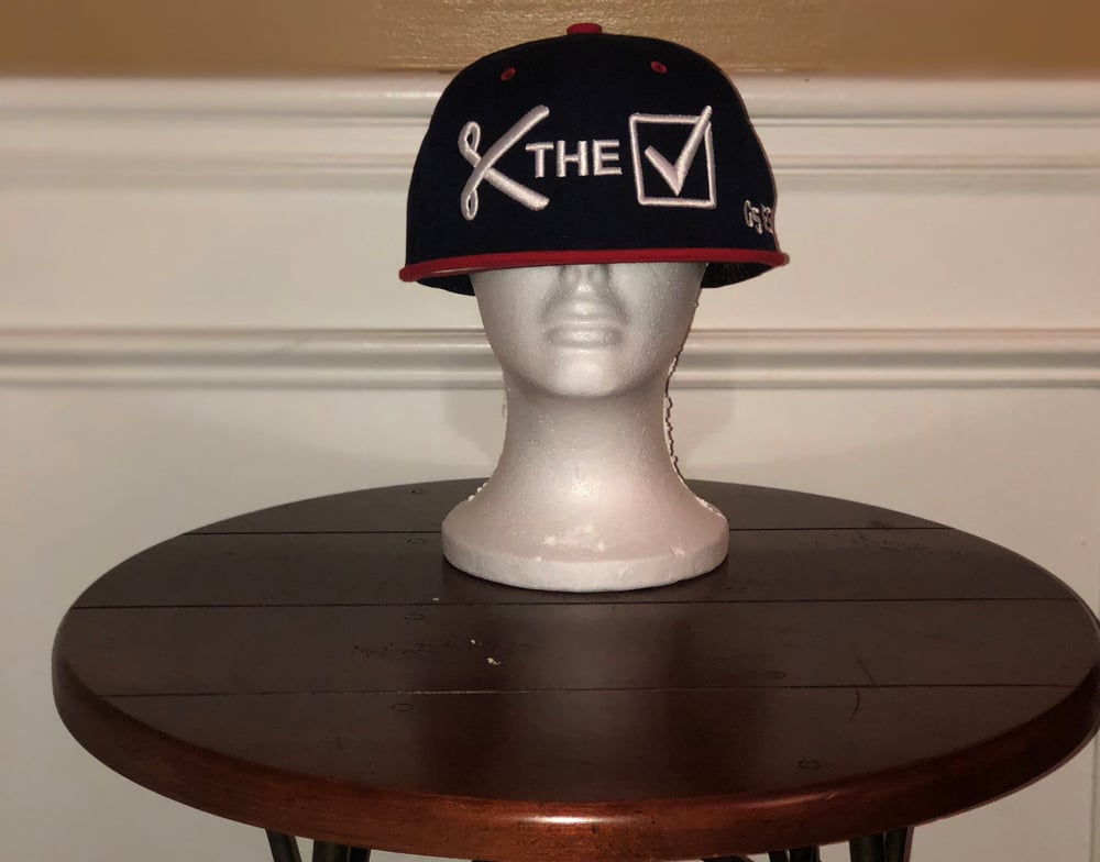 Image of G5 Design Co. Custom Blue Snapback Baseball Cap with Red Brim and White Cut The Check Stitching