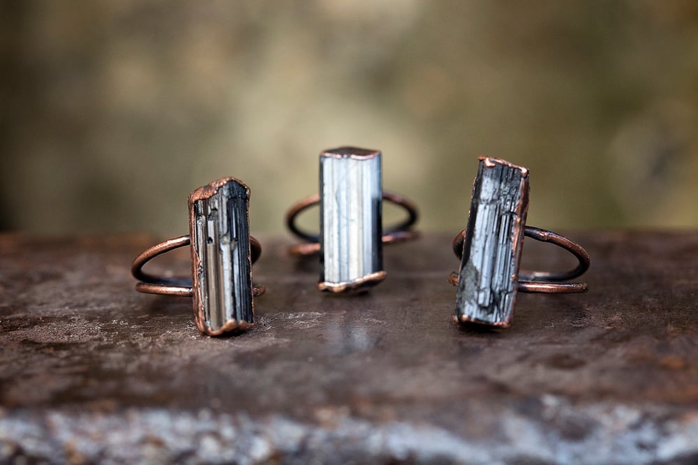 Image of  Raw Black Tourmaline Crystal + Copper Ring | natural rough gemstone | October birthstone