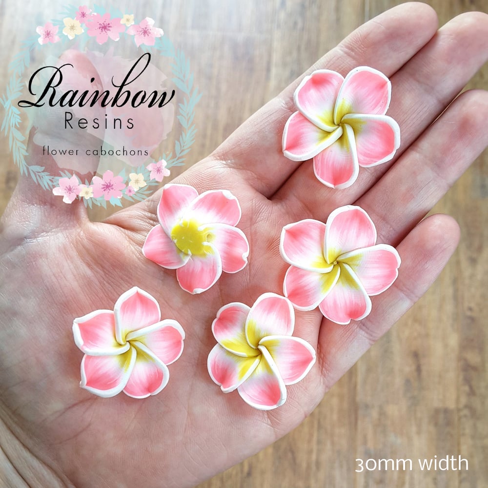 Rainbow Resins — Tropical pink and yellow polymer clay flowers x 5