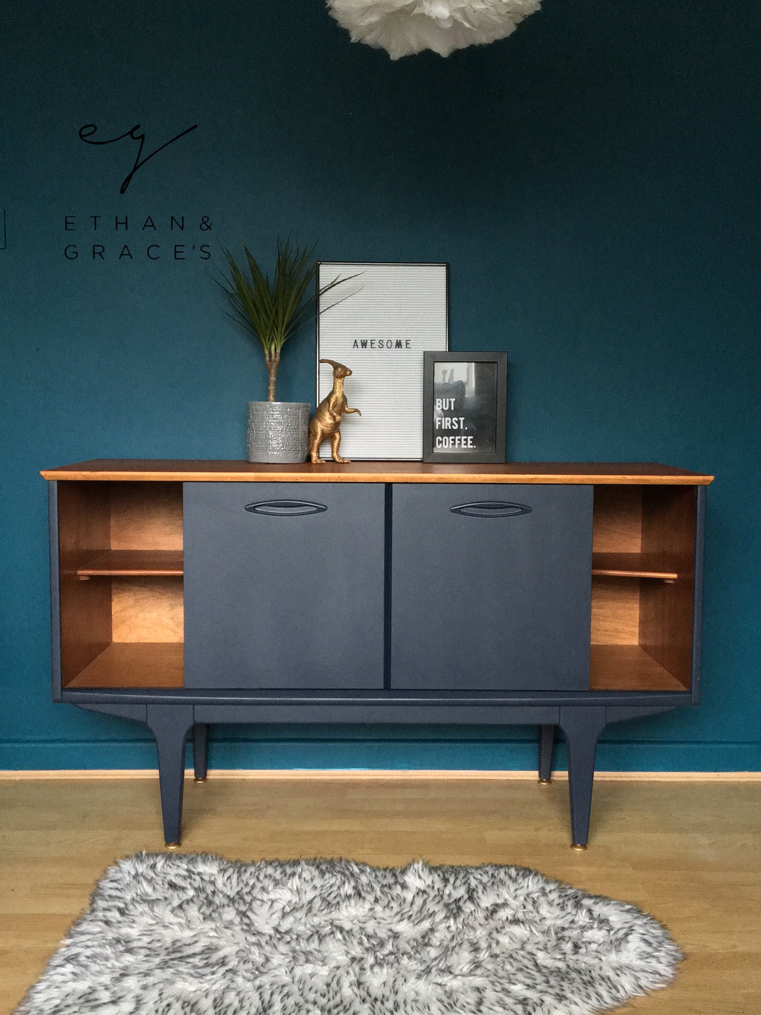 Image of Dark blue solid teak Jentique sideboard