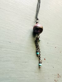 Image 16 of peacock pearl pendant with Kingman turquoise fringe