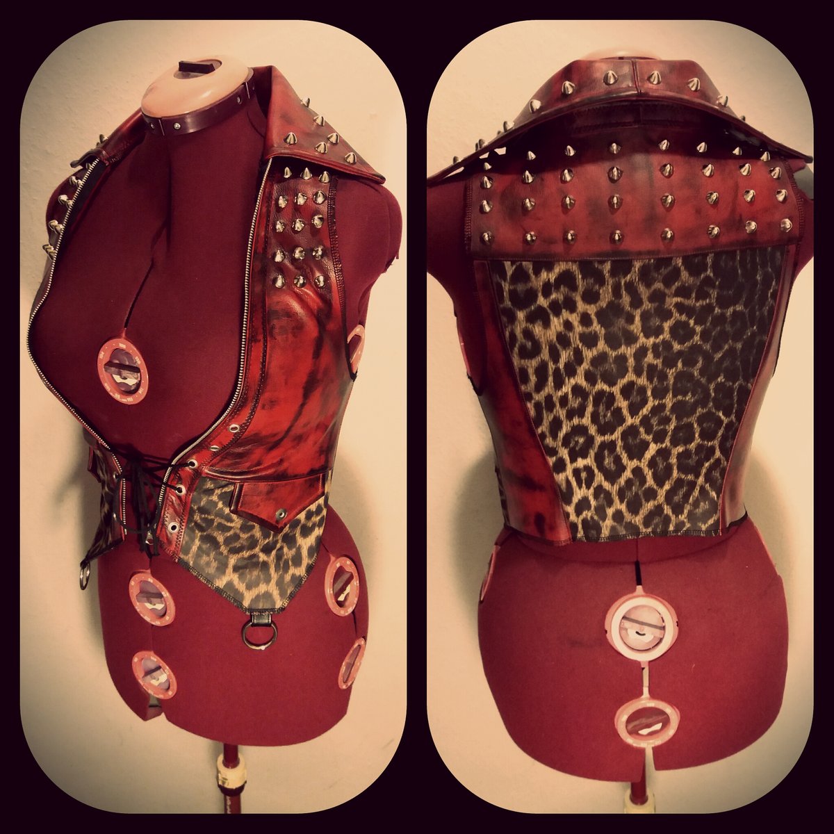 Image of Studded red fauxleather/leopard vest
