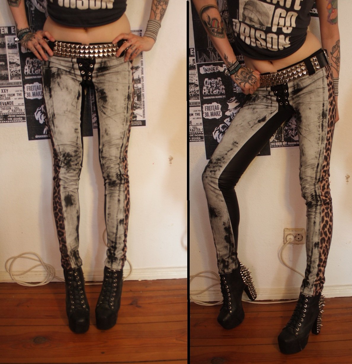 Image of Stained denim/fauxleather/leopard pants