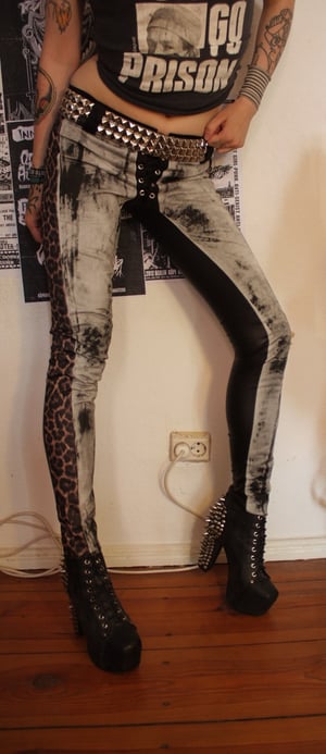 Image of Stained denim/fauxleather/leopard pants