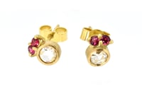 Image 2 of 18ct gold studs set, each set with rose cut white diamond and two pink spinel. 