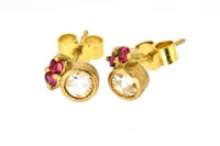 Image 3 of 18ct gold studs set, each set with rose cut white diamond and two pink spinel. 