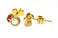 Image 4 of 18ct gold studs set, each set with rose cut white diamond and two pink spinel. 