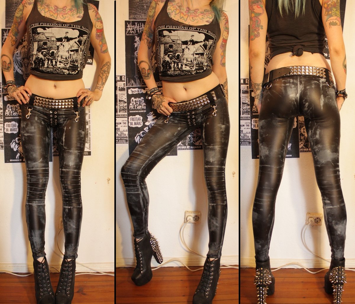 Image of Stained fauxleather pants with details