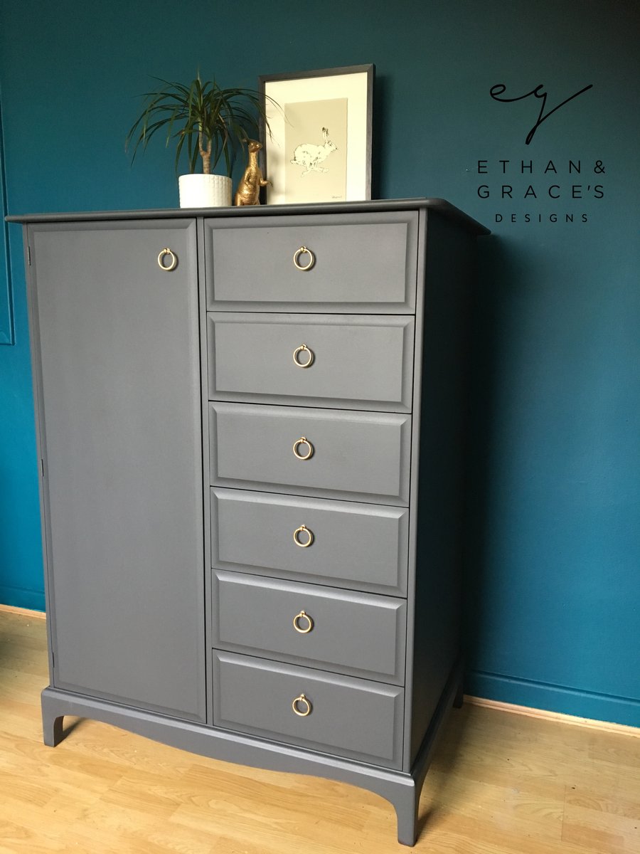 Dark grey linen/mini wardrobe by stag. Ethan and Grace's Designs