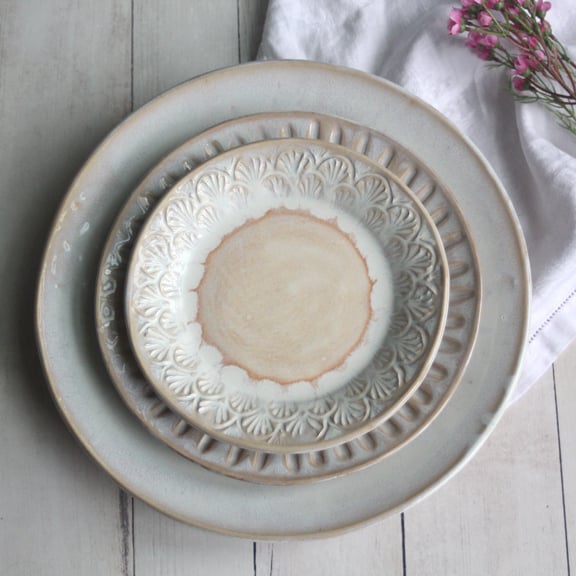 Image of Three Piece Dinnerware Place Setting in Rustic White and Ocher Glaze Made in USA