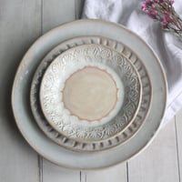 Image 1 of Three Piece Dinnerware Place Setting in Rustic White and Ocher Glaze Made in USA