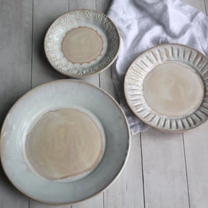 Image of Three Piece Dinnerware Place Setting in Rustic White and Ocher Glaze Made in USA