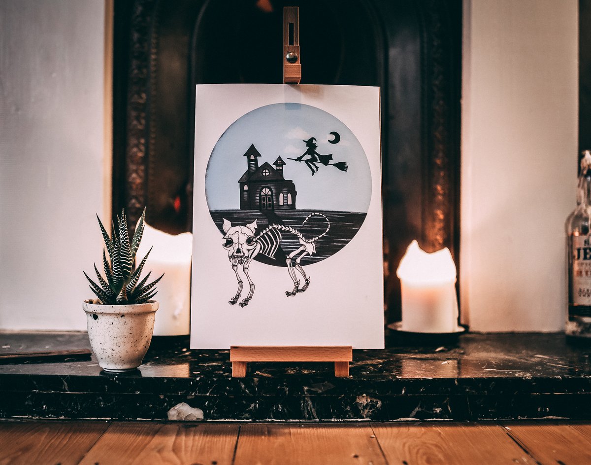 Image of Halloween Skeleton Cat Gothic Art Print - A4 or A5