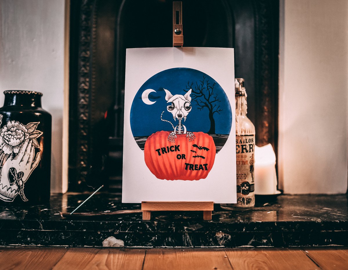 Image of Halloween Trick or Treat Skeleton Cat Print - A4 or A5