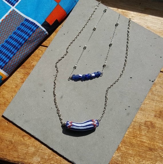 Image of Blue recycled bead two in one necklace