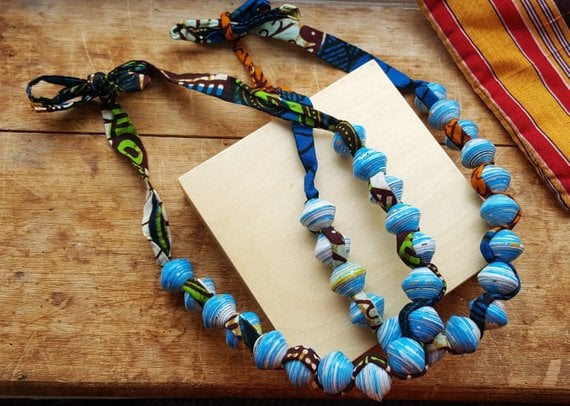 Image of Recycled paper beads with African fabric necklace made in Uganda