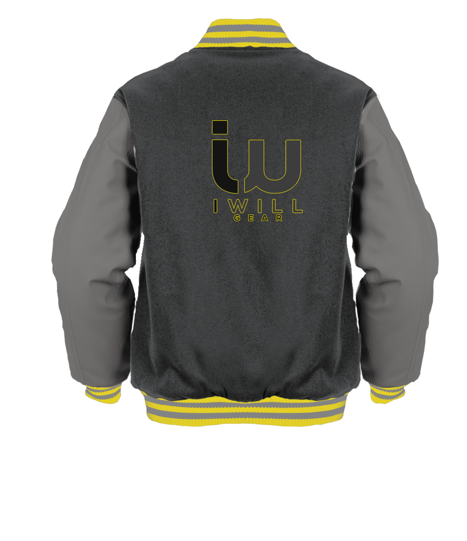 Image of custom varsity jacket with genuine leather sleeves