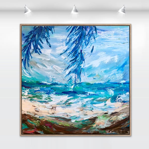Image of 'Windy day under the palms' - 90x90cm FRAMED