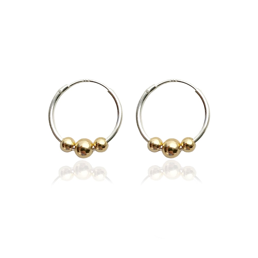 Image of Silver hoops with 3 gold beads