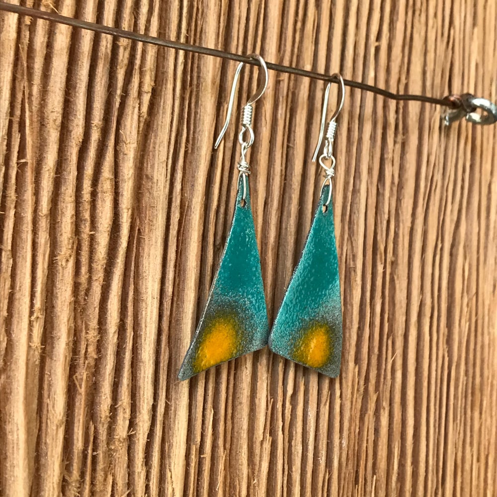 Image of Turquoise/ Mustard Sail-  Torch Enameled Earrings