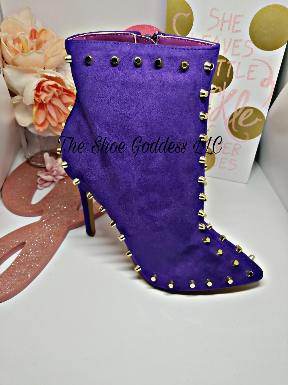 "Kenya" Black and Purple studded pointy toe Stiletto booties