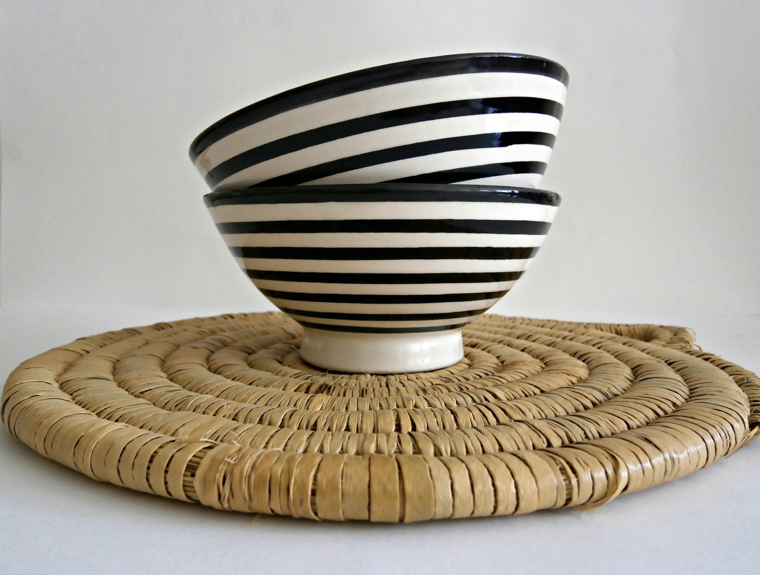 Image of 2 MOROCCAN STRIPPED CERAMIC BOWLS - BLACK