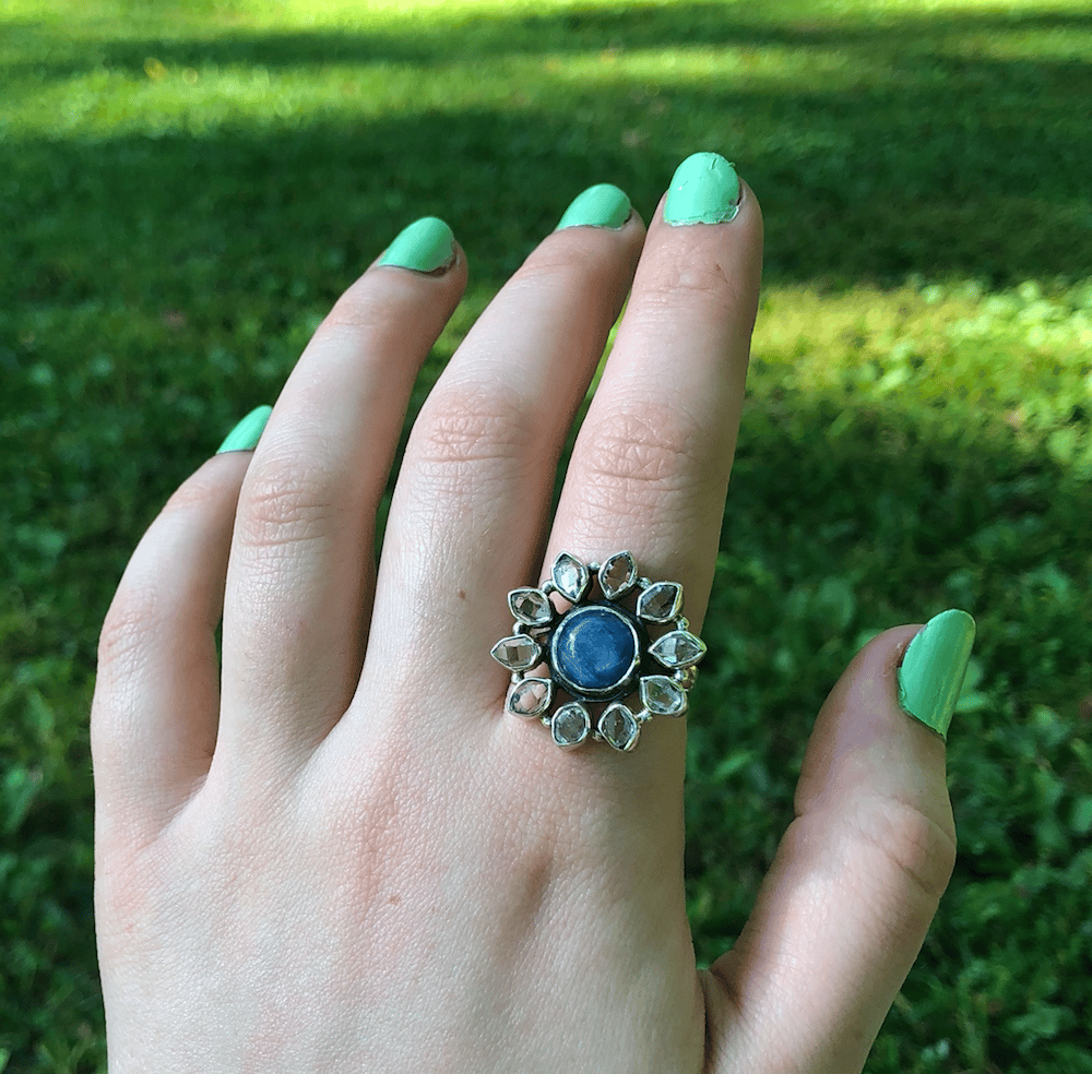 Image of Blue Kyanite + Herkimer Diamond Sterling Silver Ring (Size 9)